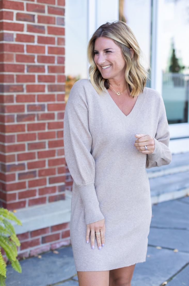 Grey v clearance neck sweater dress